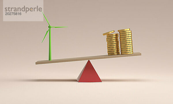 Balance zwischen Windturbinenmodell und Geldstapel vor rosa Hintergrund