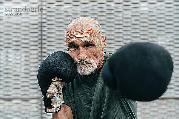 Selbstbewusster  aktiver älterer Mann  der mit Boxhandschuhen übt