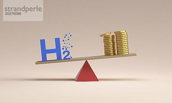 Wasserstoff- und Geldstapel balancieren auf Planke vor farbigem Hintergrund