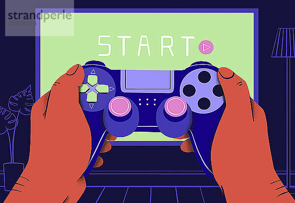 Hände einer Person  die zu Hause einen Joystick verwendet  um ein Videospiel zu spielen