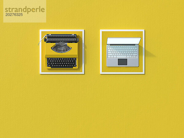 3D-Darstellung einer Schreibmaschine und eines modernen Laptops auf quadratischen Untersetzern