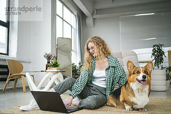 Freiberufler arbeitet am Laptop in der Nähe des Hundes im Heimbüro