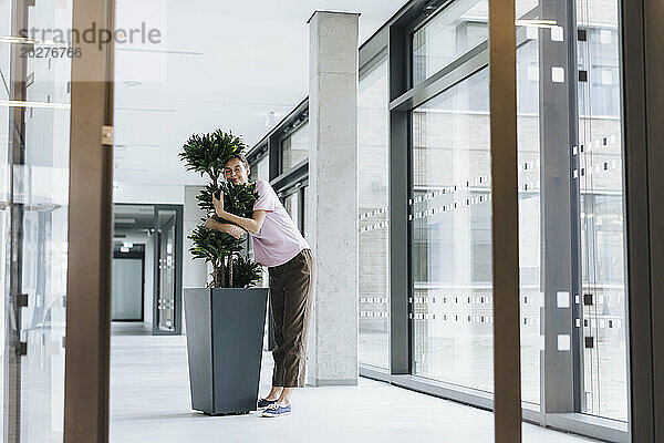 Junge Geschäftsfrau umarmt Topfpflanze im Büro