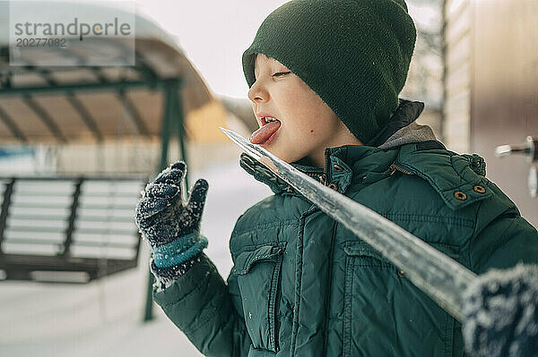 Mischievous boy licking icicle in winter