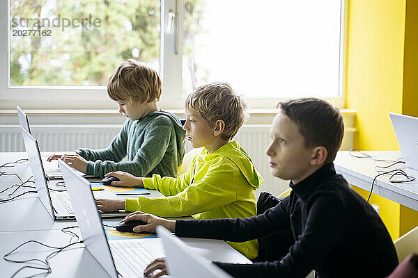 Boys using laptops learning computer coding in classroom
