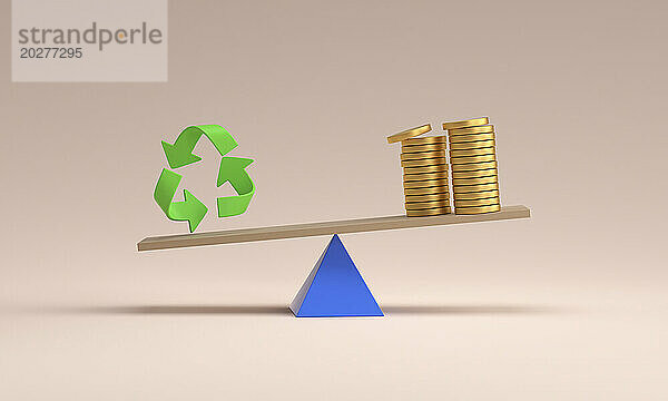 Balance zwischen Recycling-Schild und Geldstapel vor rosa Hintergrund