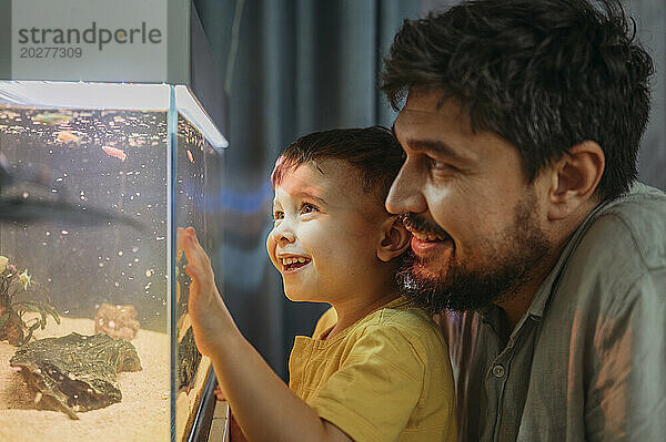 Happy boy watching fishes in tank with father at home