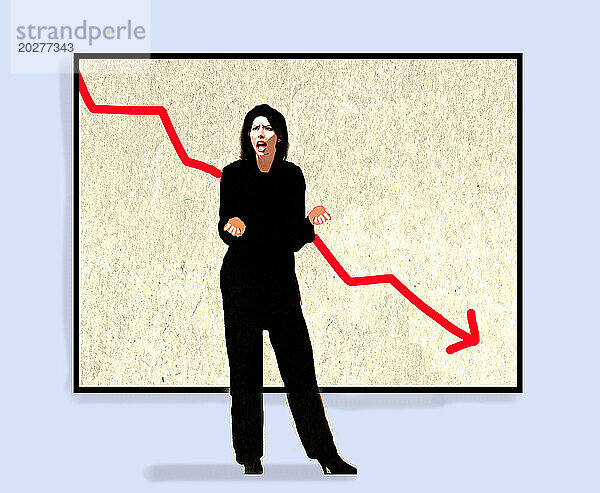Female presenter in front of chart showing descending arrow