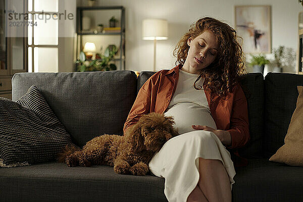 Schwangere Frau mit Hund sitzt zu Hause auf dem Sofa