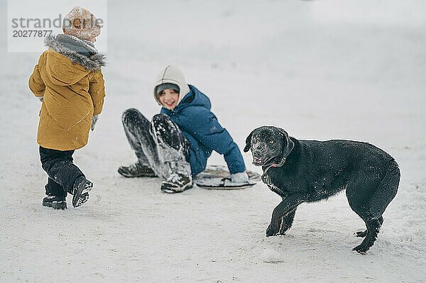 Glückliche Kinder  die mit Hund im Schnee spielen