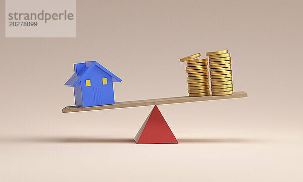 Bilanz von Immobilien  Haus und Geldstapel auf rosa Hintergrund