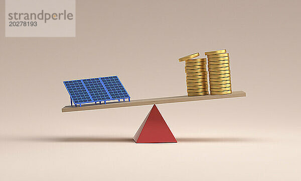 Balance aus Solarpanel und Geldstapel auf Planke vor rosa Hintergrund