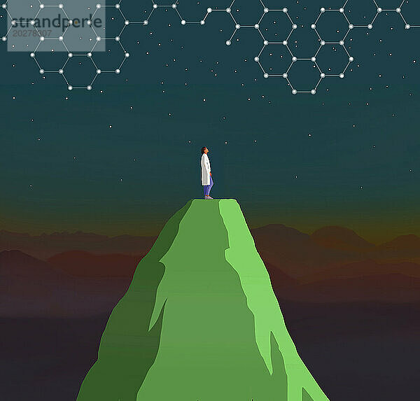 Frau betrachtet nachts vom Berggipfel aus sechseckige Sternenformationen