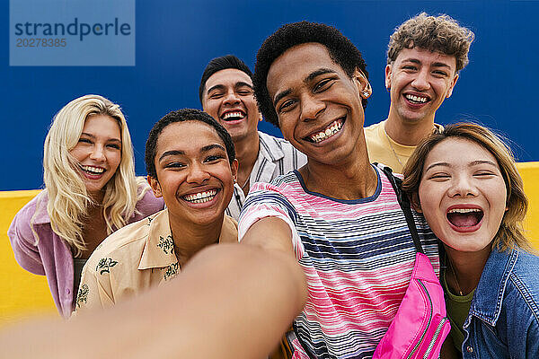 Laughing multi-ethnic friends taking selfie