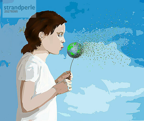 Little girl blowing planet Earth like dandelion seed head