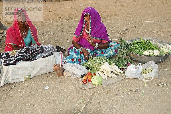 Kamelmarkt  Jahrmarkt  Menschen  Hochzeitsmarkt  Tiere  Wüstenstadt Pushkar  (Pushkar Camal Fair)  Zwei Frauen verkaufen Gemüse auf einem Straßenmarkt in traditioneller Kleidung  Pushkar  Rajasthan  Nordindien  Indien  Asien