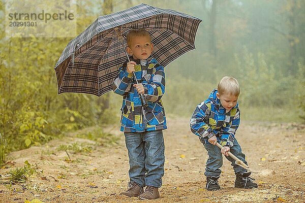 Bild von zwei jungen Brüdern spielen im Herbst Park