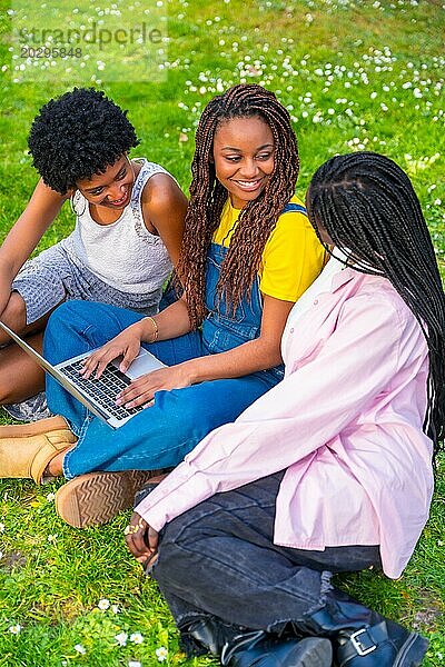 Vertikale Draufsicht Foto von drei jungen afrikanischen Frauen mit Laptop sitzen auf einem Park