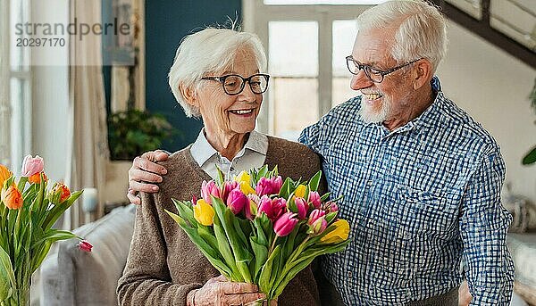 Zwei Senioren lächeln sich mit einem frischen Strauß Tulpen in einem hellen Wohnzimmer an  KI generiert  AI generated