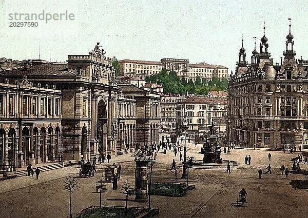 Bahnhofplatz und Polytechnikum in Zürich  Schweiz  um 1890  Historisch  digital restaurierte Reproduktion von einer Vorlage aus dem 19. Jahrhundert  Europa