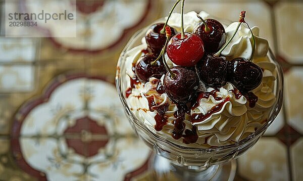 Eisbecher mit Kirschen und Schlagsahne  Nahaufnahme  selektiver Fokus AI generiert  KI generiert