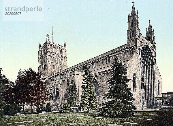 Ewkesbury Abbey in der Kleinstadt Tewkesbury in der Grafschaft Gloucestershire ist ein ehemaliges Benediktinerkloster  England  um 1890  Historisch  digital restaurierte Reproduktion von einer Vorlage aus dem 19. Jahrhundert