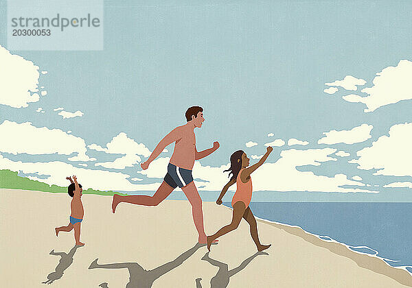 Glücklicher  aufgeregter Vater und Kinder rennen am sonnigen Sommerstrand in Richtung Meer