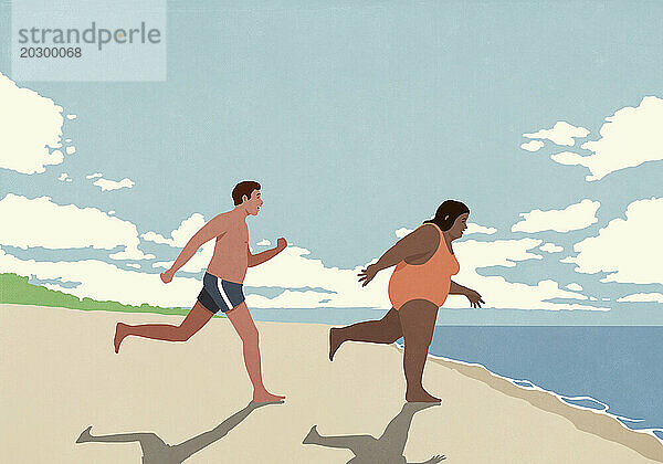 Glückliches Paar rennt am sonnigen Sommerstrand in Richtung Meer