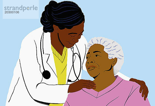 Fürsorgliche Ärztin tröstet ältere Patientin