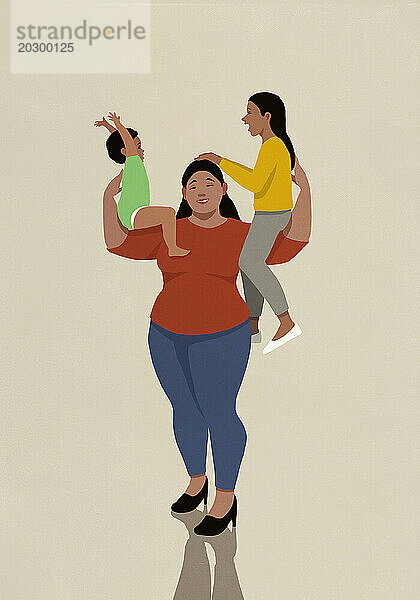 Porträt einer glücklichen  unterstützenden Mutter  die Kinder auf Schultern trägt