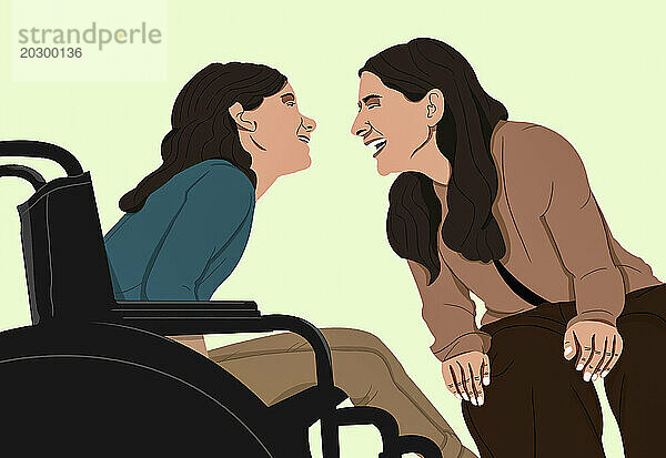 Glückliche Frau im Rollstuhl  die mit einer Freundin lacht