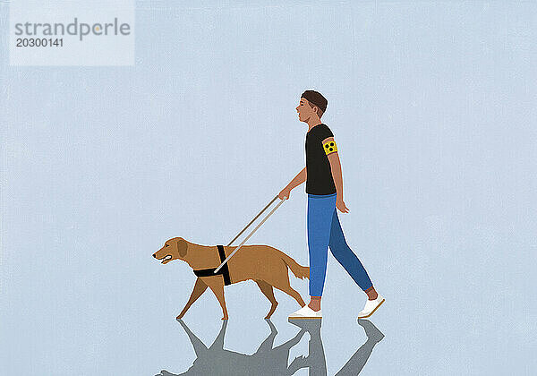 Blinder Mann geht mit Blindenhund auf blauem Hintergrund