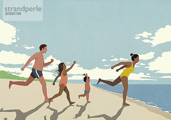 Fröhliche  aufgeregte Familie im Urlaub rennt am sonnigen Sommerstrand in Richtung Meer
