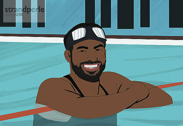 Porträt eines glücklichen Mannes  der im Schwimmbad schwimmt