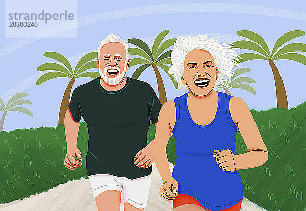 Porträt eines glücklichen  energiegeladenen älteren Paares  das im Park joggt