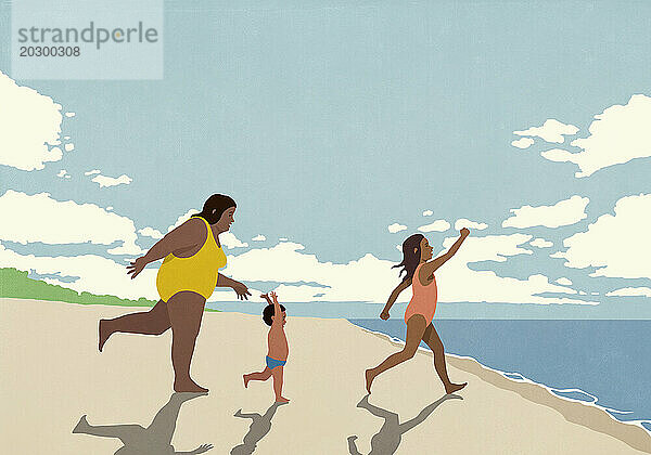 Übergewichtige Mutter und Kinder rennen am sonnigen Sommerstrand in Richtung Meer