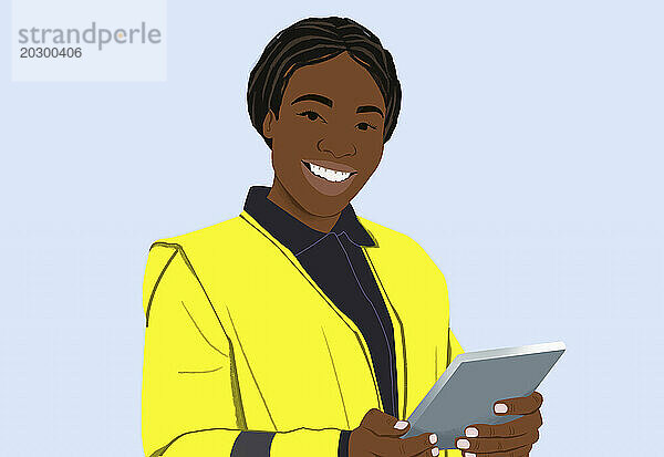 Portrait glückliche  freundliche Geschäftsfrau mit digitalem Tablet