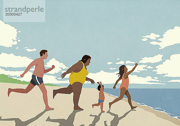 Fröhliche  aufgeregte Familie im Urlaub rennt am sonnigen Sommerstrand in Richtung Meer