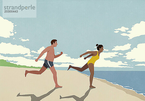 Fröhliches  aufgeregtes Paar rennt am sonnigen Sommerstrand in Richtung Meer