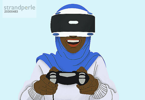 Glückliche Frau im Hijab  die Videospiel mit VR-Headset spielt