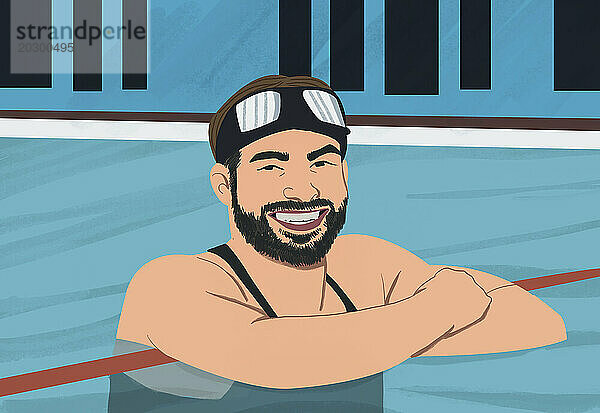 Porträt eines lächelnden Mannes mit Bart  der im Schwimmbad schwimmt