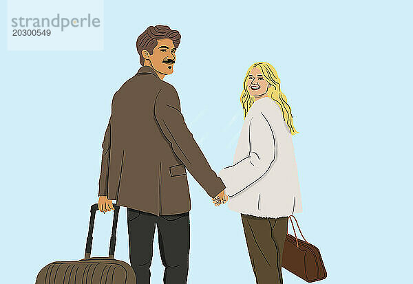 Porträt eines glücklichen Paares mit Koffer  das Händchen hält und zusammen reist