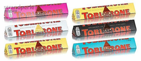 Verschiedene Sorten Toblerone Schokolade von Tobler und Mondelez International Freisteller freigestellt isoliert