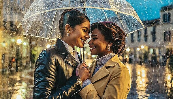 Romantisches homosexuelles weibliches Paar in Lederjacken  die sich einen Regenschirm auf einer regnerischen Straße teilen  unscharfer Hintergrund mit Bokeh Effekt  AI generiert AI generiert  KI generiert