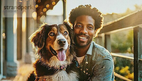 Ein Mann und sein Hund lächeln in die Kamera. Der Mann trägt lässig der Hund trägt ein Halsband. Szene ist glücklich vertraut und freundlich AI erzeugt  KI generiert