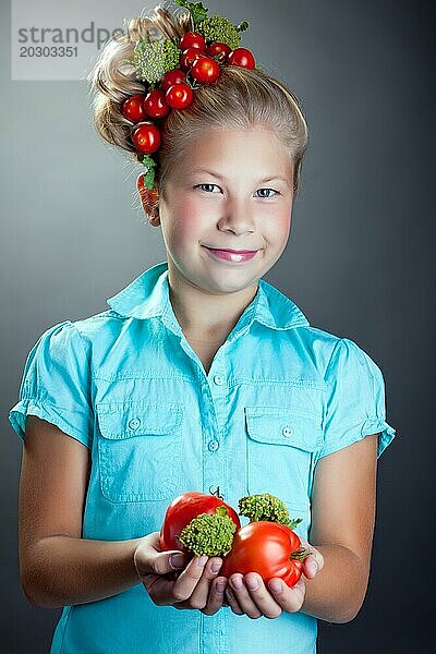 Bild von lächelnden Mädchen posiert mit Kranz von Kirschtomaten