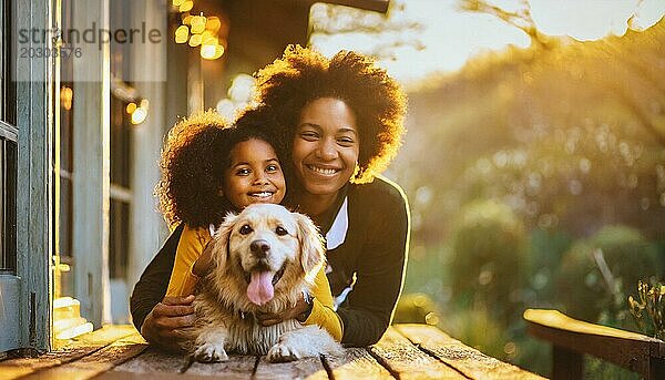 Eine Frau und ein Kind liegen mit einem Golden Retriever auf dem Boden. Die Szene ist warm und liebevoll  wie die Familie genießt einen Moment zusammen mit ihrem Haustier AI genreated  AI generiert  KI generiert