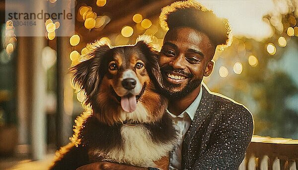 Ein Mann und sein Hund lächeln in die Kamera. Der Mann trägt lässig der Hund trägt ein Halsband. Szene ist glücklich vertraut und freundlich AI erzeugt  KI generiert