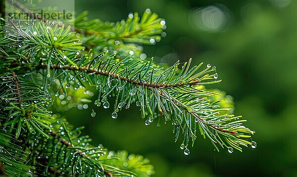 Nahaufnahme auf Zedernzweig in Regentropfen  Bokeh Hintergrund AI generiert  KI generiert