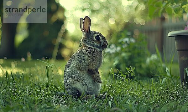 Ein aufrecht sitzender Hase im Wald  Bokeh Lichter AI erzeugt  KI generiert